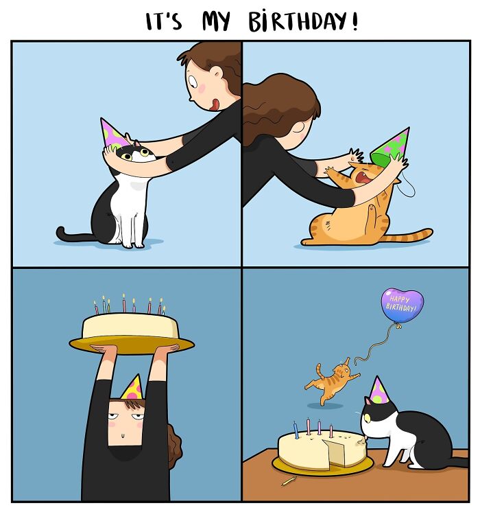 A comic showing the humorous realities of living with cats during a birthday celebration, featuring party hats and cake.