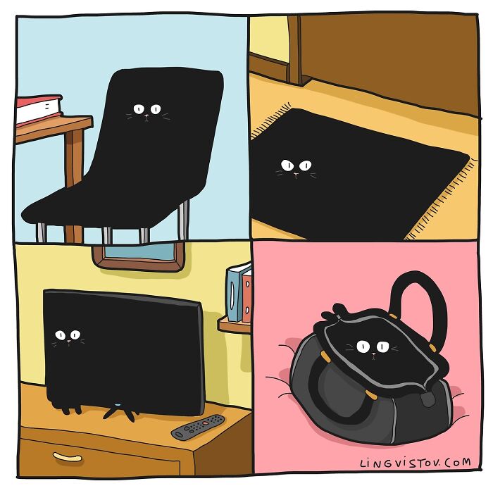 Cat humor comic by Lingvistov, showing a cat camouflaged on chair, rug, TV, and bag with only eyes visible.