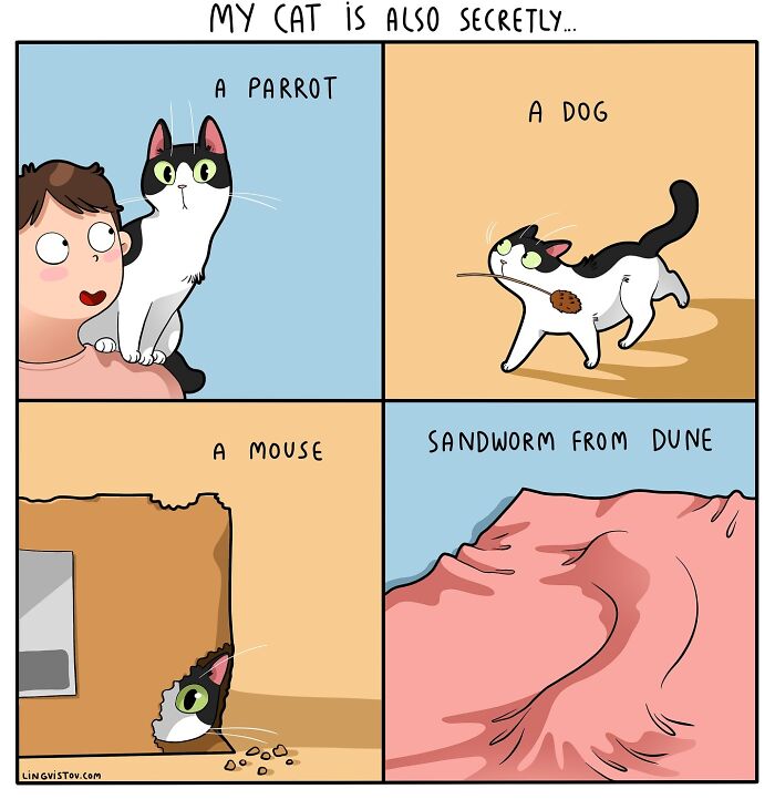 Comic by Lingvistov: Cat imagined as a parrot, dog, mouse, and sandworm from Dune.