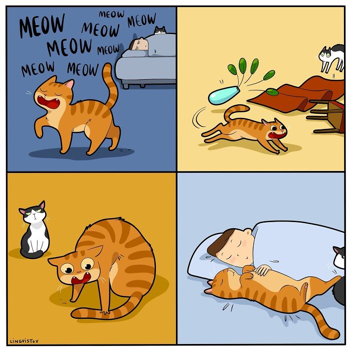 Comic depicting daily cat antics by Lingvistov: loud meowing, knocking over plants, playful pouncing, and cuddling in bed.