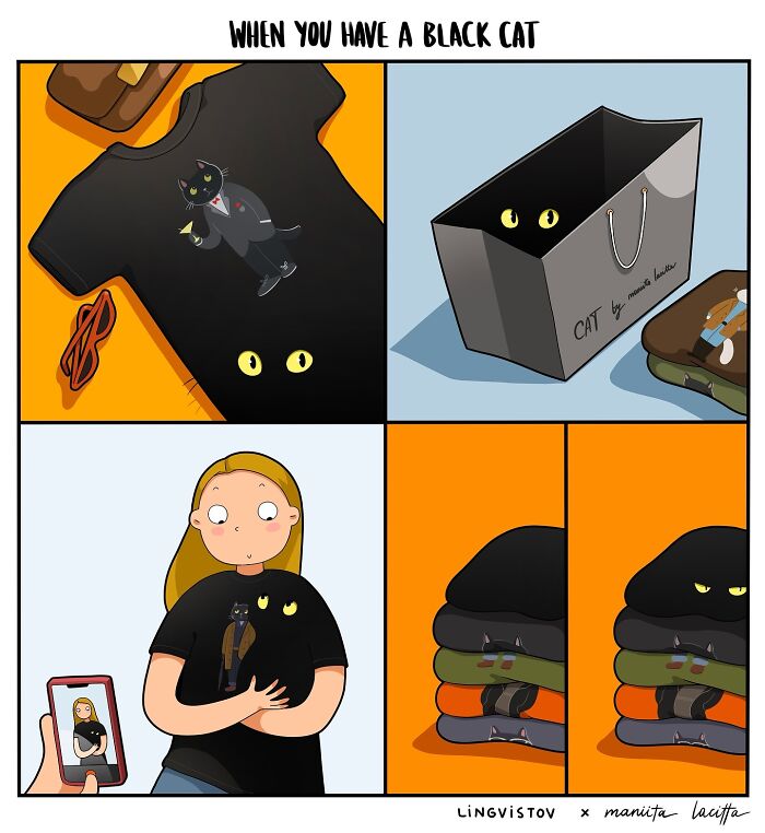 Comic depicting daily realities with a black cat, featuring a cat design shirt, hidden cat eyes in a bag, and folded clothes.