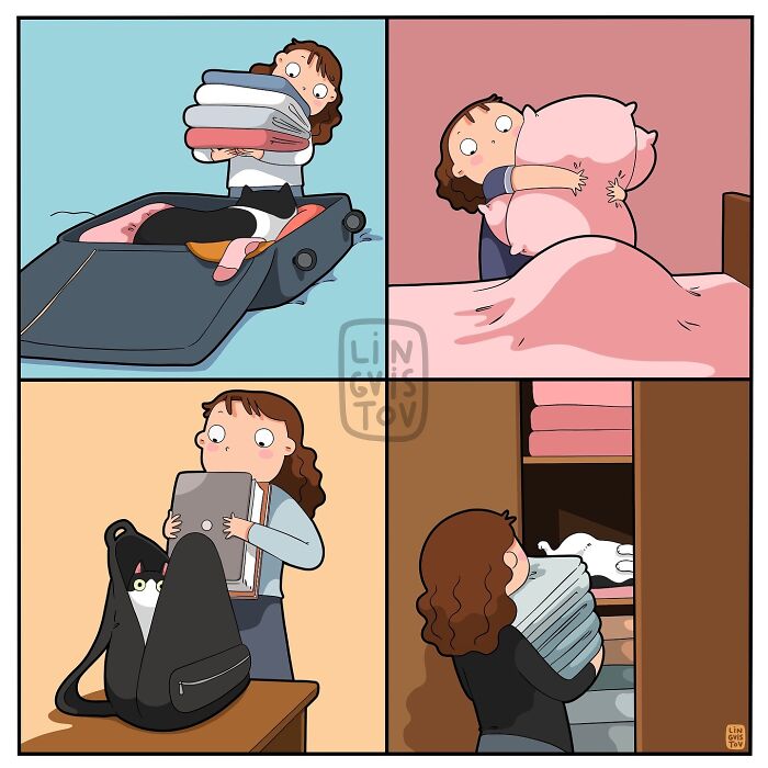 Comic by Lingvistov showing humorous daily interactions with a cat: laying on clothes, hugging, hiding, and occupying a closet.