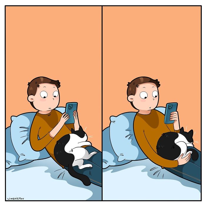 Person with a cat on their lap, holding a phone, drawn in Lingvistov's comic style.