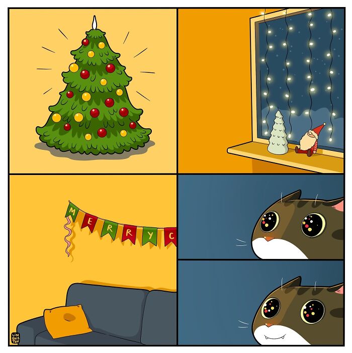 Festive Christmas decor observed by a wide-eyed cat, reflecting daily life with a feline.