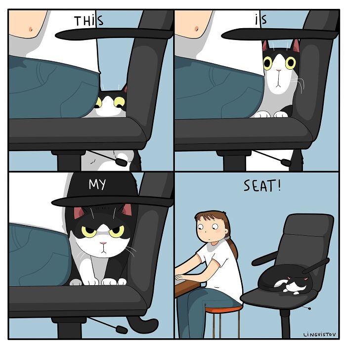 Cartoon of a cat claiming ownership of a chair while a person looks surprised, illustrating daily cat antics.