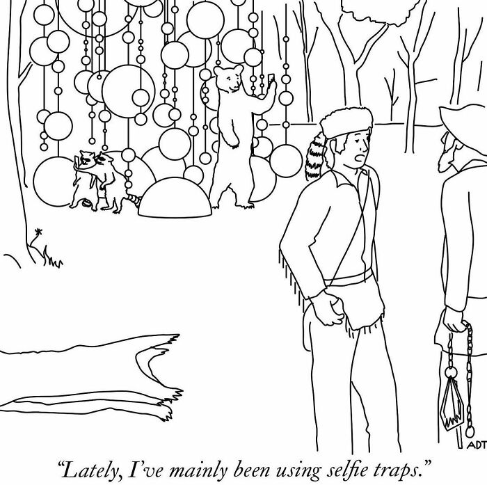 Comic by Adam Douglas Thompson featuring animals taking selfies in a forest.