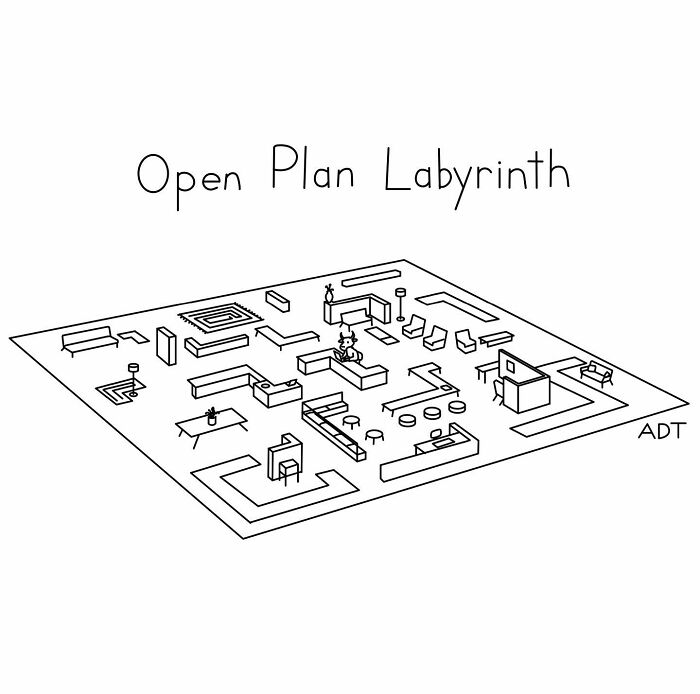 One-panel comic by Adam Douglas Thompson of an open-plan office designed as a labyrinth.