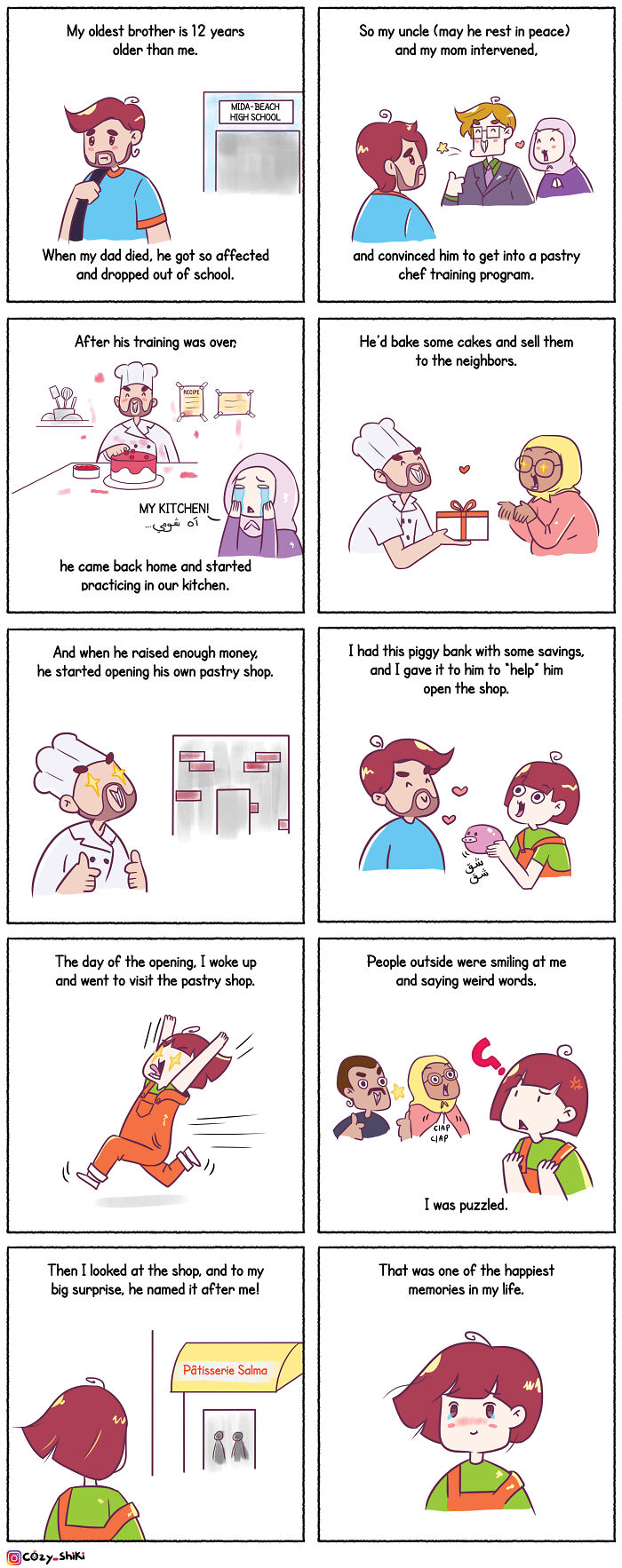Comic strip about everyday life, showing a journey from school dropout to opening a pastry shop with family support.