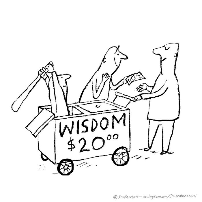 Cartoon drawing of a man buying "wisdom" for $20 from a vendor with a bat, by a veteran artist.