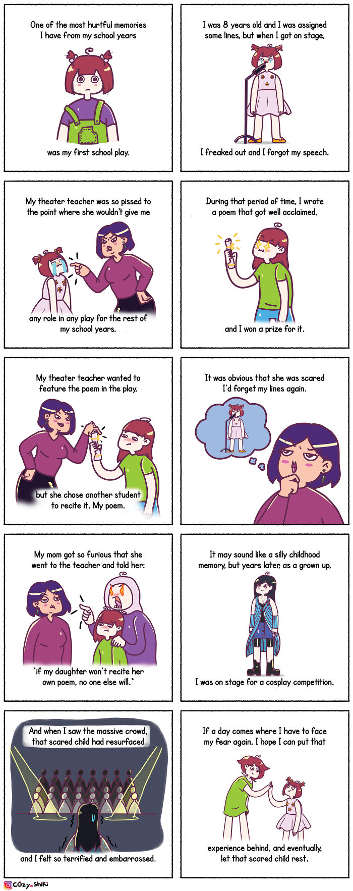Comic strip depicting relatable moments from everyday life, featuring a childhood memory of stage fright and personal growth.