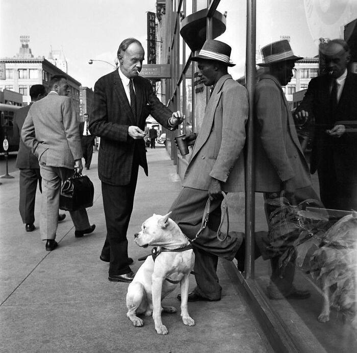 Street scene with a dog and two men conversing by a storefront, capturing a dog-themed street photography moment.