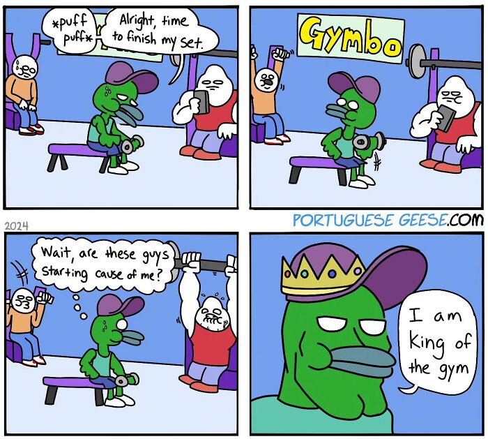 Comic featuring a green character at the gym realizing he's inspired others, humorously declaring himself "king of the gym."