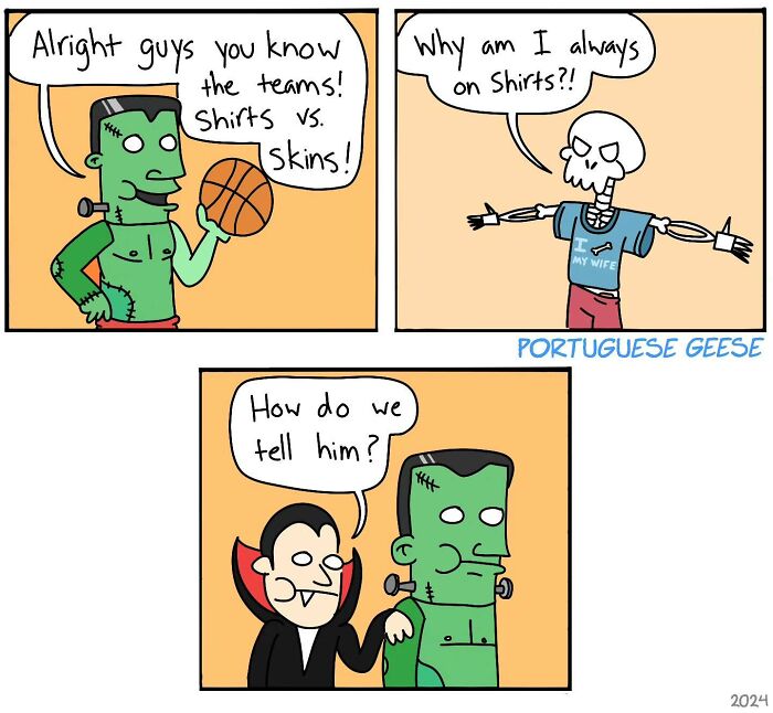 Comic of a skeleton in a shirts vs. skins game, joined by a vampire and Frankenstein monster, showcasing a funny twist.