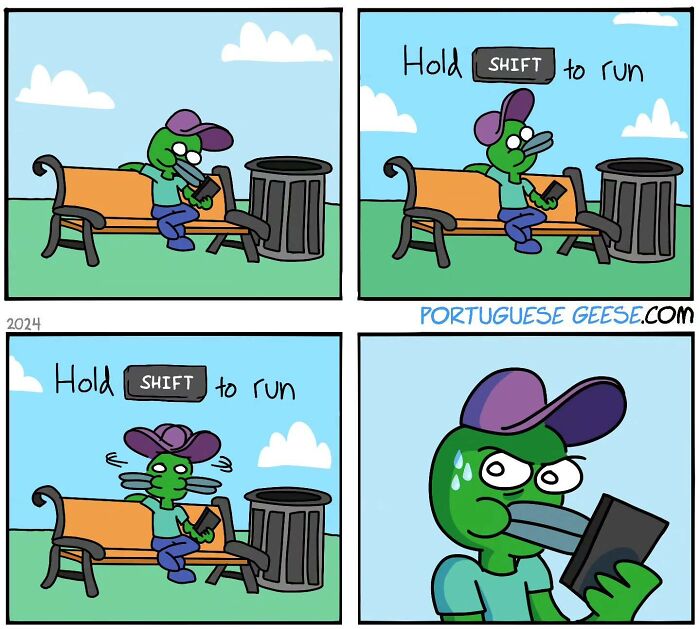 Comic character on a bench puzzled by "Hold SHIFT to run" instructions, with a humorous and twisted expression.