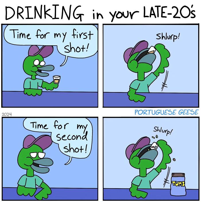 Cartoon character humorously taking shots, first of alcohol, then antacid, illustrating a funny comic twist.