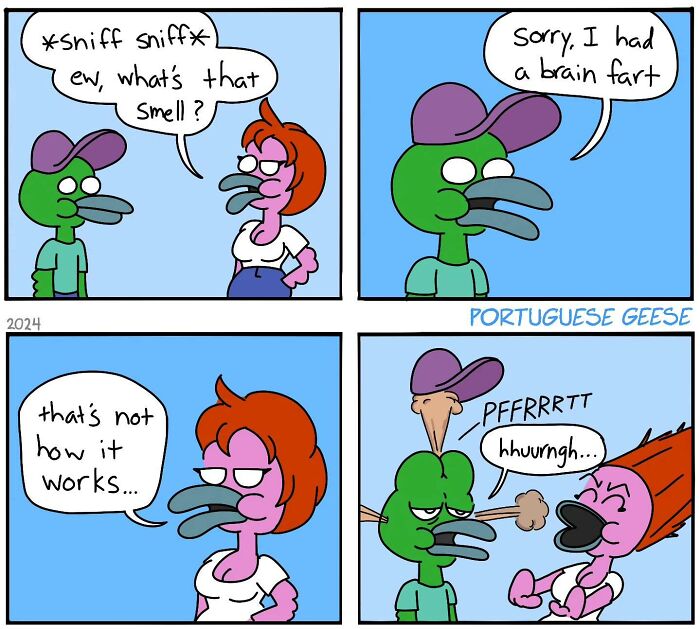 Artist's comic with geese in a funny scene, featuring a twisted ending about brain farts.