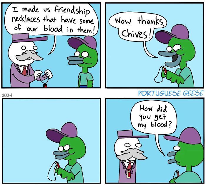 Funny comic with a character giving a blood necklace, leading to a twisted ending with a surprised friend.