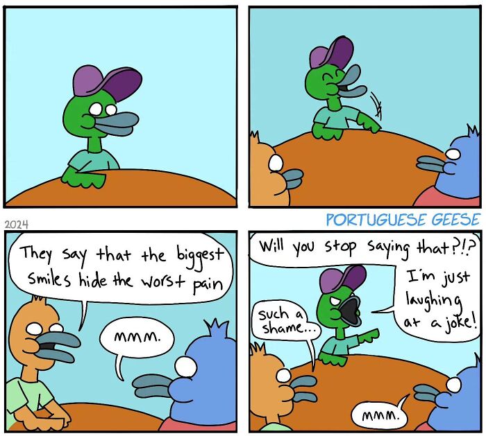 Comic strip with geese discussing pain and smiles, featuring a funny twist ending.