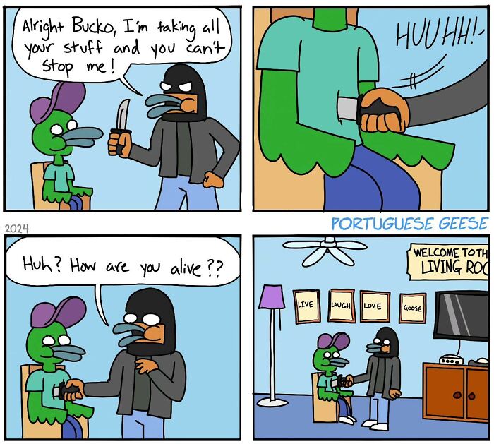 Comic by artist featuring a robber and a duck with a humorous twist ending, set in a living room.