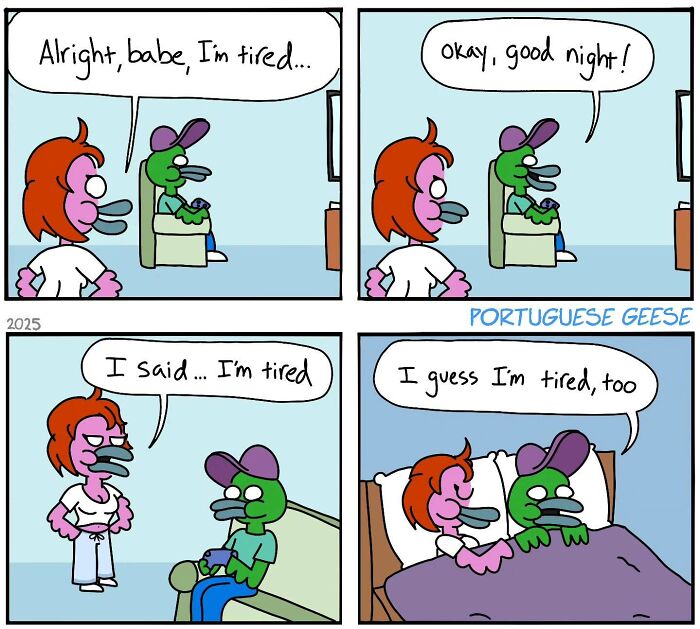 Funny comic characters with tired expressions, showcasing a humorous twist ending.