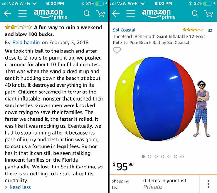 Funny reviews online share a humorous Amazon review of a giant inflatable beach ball with an exaggerated story.
