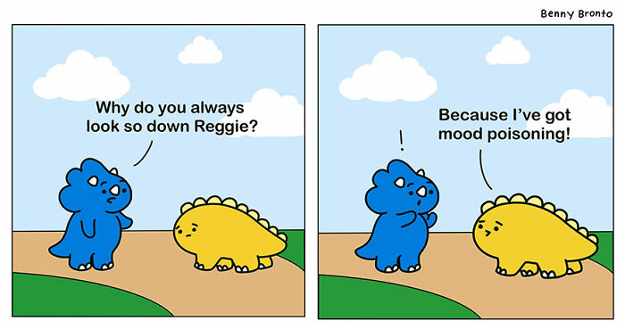 Benny Bronto comic featuring two cute dinosaurs discussing mood changes in a cheerful outdoor setting.