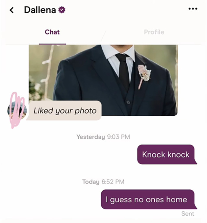 Screenshot of a dating chat conversation with unanswered "Knock knock" and "I guess no ones home" messages.