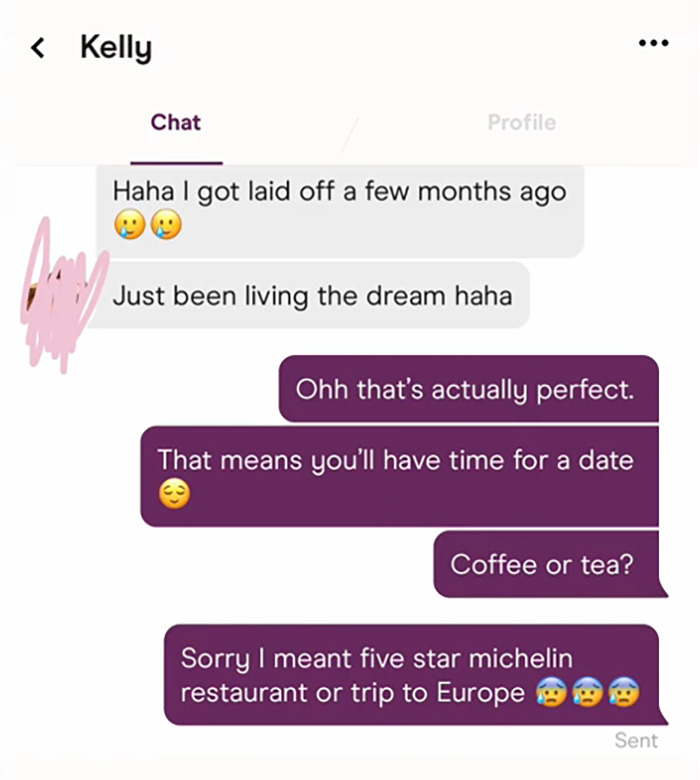 Text conversation revealing dating profile truth with humorous misunderstanding.