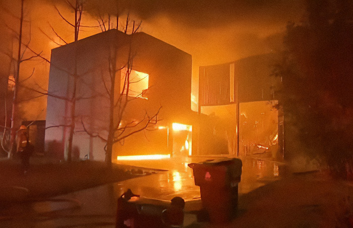 Building engulfed in flames at night during wildfires.