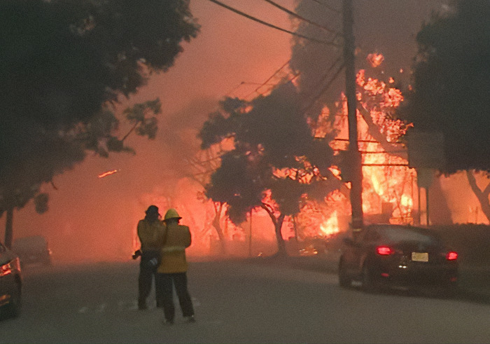 Streets in flames during LA wildfires.