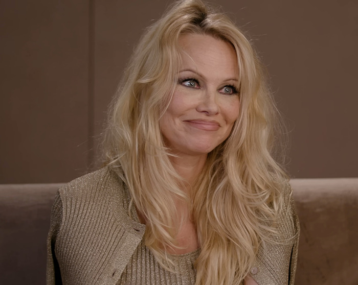 Pamela Anderson smiling, wearing a shimmery top, against a neutral background.