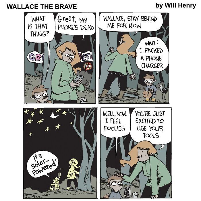 Two characters in a forest, one with a solar-powered charger, by Will Henry. Whimsical comic moment.