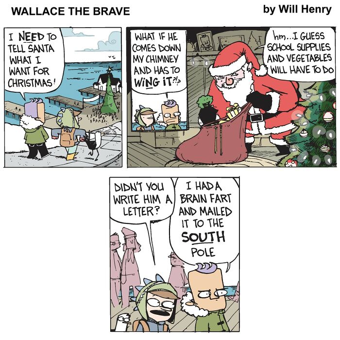 Comic by Will Henry showing kids talking about Christmas wishes and a mix-up with Santa.