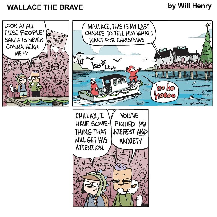 Whimsical comic by Will Henry featuring characters on a dock trying to get Santa's attention with a crowd in the background.
