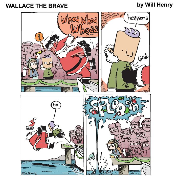 Comic strip by Will Henry featuring a humorous scene with Santa slipping and falling into the water during a Christmas event.