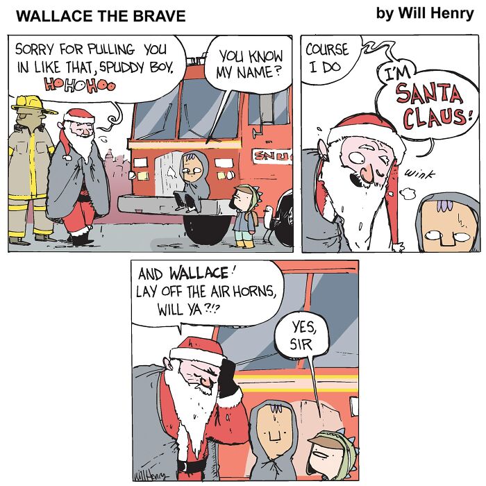 Santa and kids by a fire truck in Will Henry's whimsical comic, Wallace the Brave.