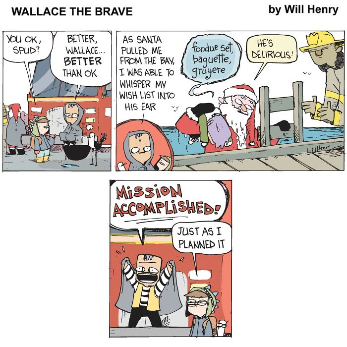 Comic by Will Henry featuring playful dialogue with Santa and cheerful characters on a dock.