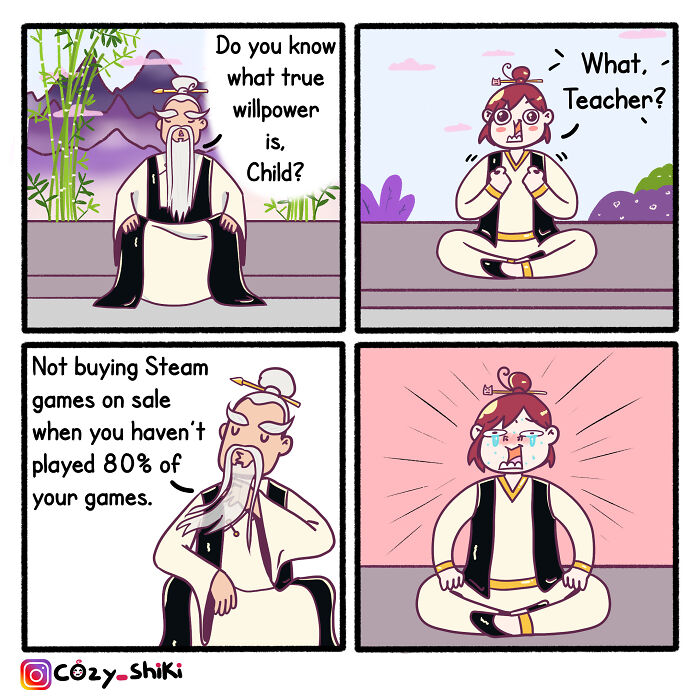 Comic of a teacher and student discussing true willpower; student reacts humorously to not buying more Steam games.