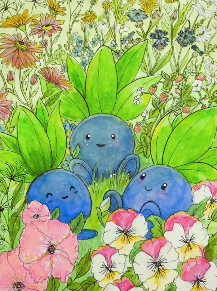 Hand-drawn Pokémon art featuring Oddish characters in a colorful floral garden.
