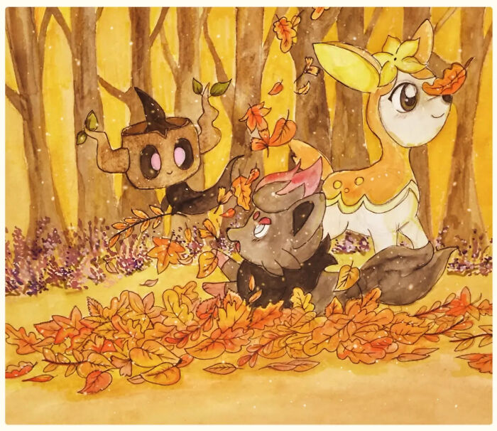 Beautifully hand-drawn Pokémon art featuring three creatures playing in autumn leaves against a golden forest backdrop.
