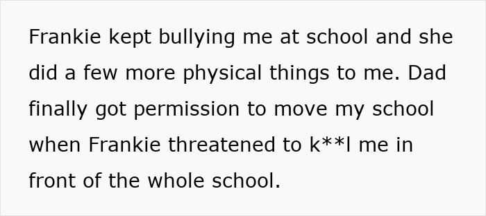 Text describing a teen's bullying experience and school transfer due to threats.