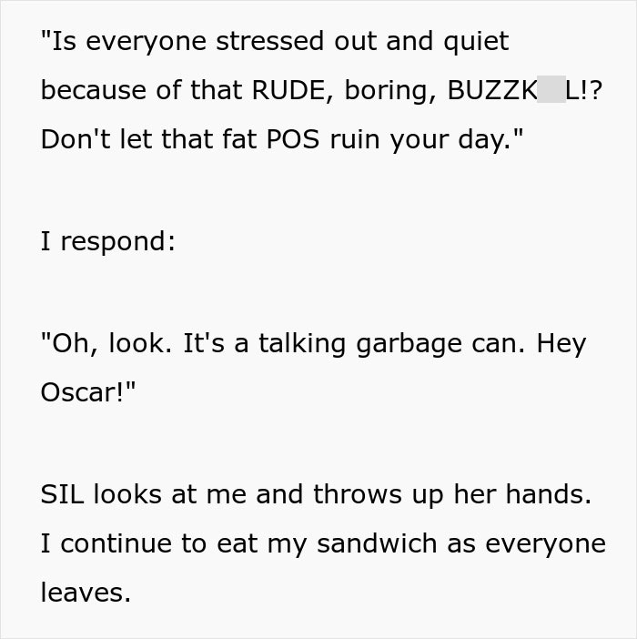 Text exchange about in-laws dinner exclusion, with humorous response calling someone a "talking garbage can. Text exchange about in-laws dinner exclusion, with humorous response calling someone a "talking garbage can.