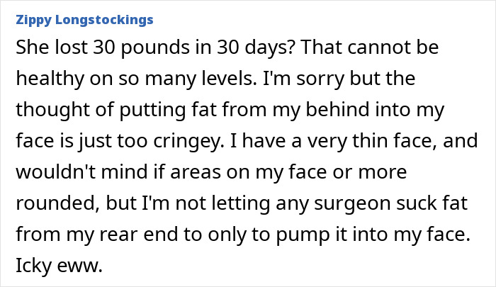 Text critique on woman's $9000 Ozempic face treatment, questioning health and aesthetics, described as "icky eww.