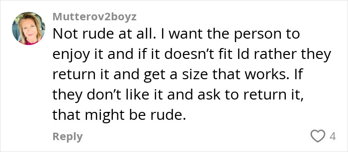 Comment on the thrifted boots gift situation, discussing return options and politeness. Comment on the thrifted boots gift situation, discussing return options and politeness.