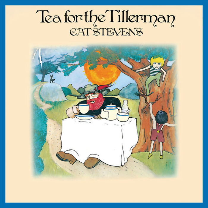 Tea for the Tillerman album cover by Cat Stevens, featuring whimsical '70s art with a bearded man at a table under a tree.