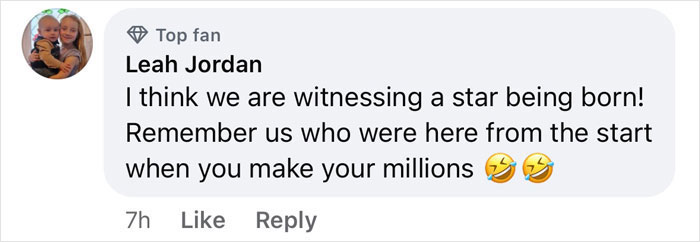 Comment from Leah Jordan praising viral painting of man's wife, humorously predicting future fame and success. Comment from Leah Jordan praising viral painting of man's wife, humorously predicting future fame and success.