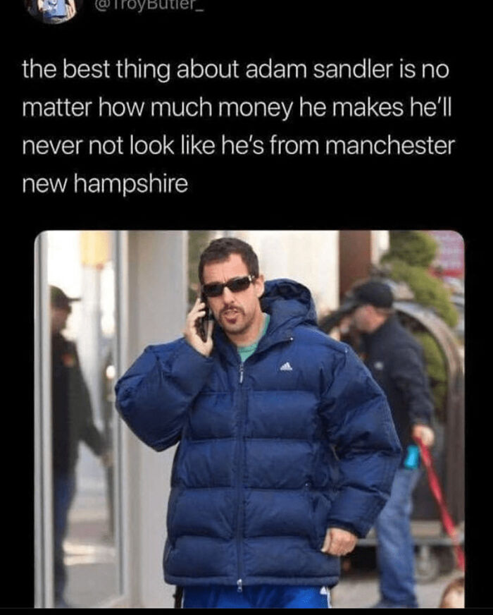 Man in a blue puffer jacket on phone, with text humorously linking him to Manchester, New Hampshire; United States of Memes.