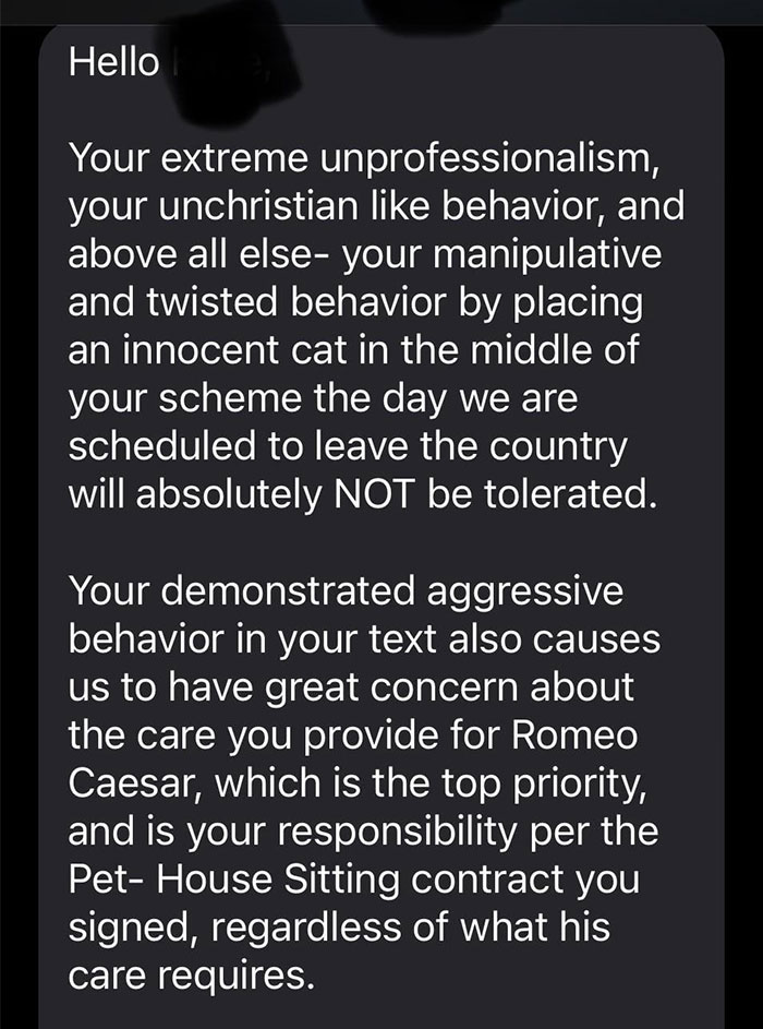 Text message criticizing pet sitter's unprofessional and manipulative behavior concerning pet care. Text message criticizing pet sitter's unprofessional and manipulative behavior concerning pet care.