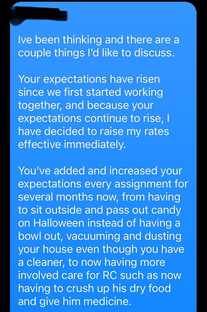 Text exchange about a pet sitter raising their rates due to extra tasks from a client. Text exchange about a pet sitter raising their rates due to extra tasks from a client.