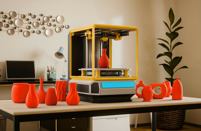 3D printer creating red vases on a table in a home office, illustrating affordable tools that make life easier.